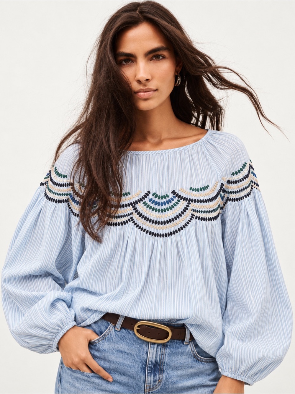 ba&sh Nora Embroidered Striped Cotton Blouse Size 3 / US 10